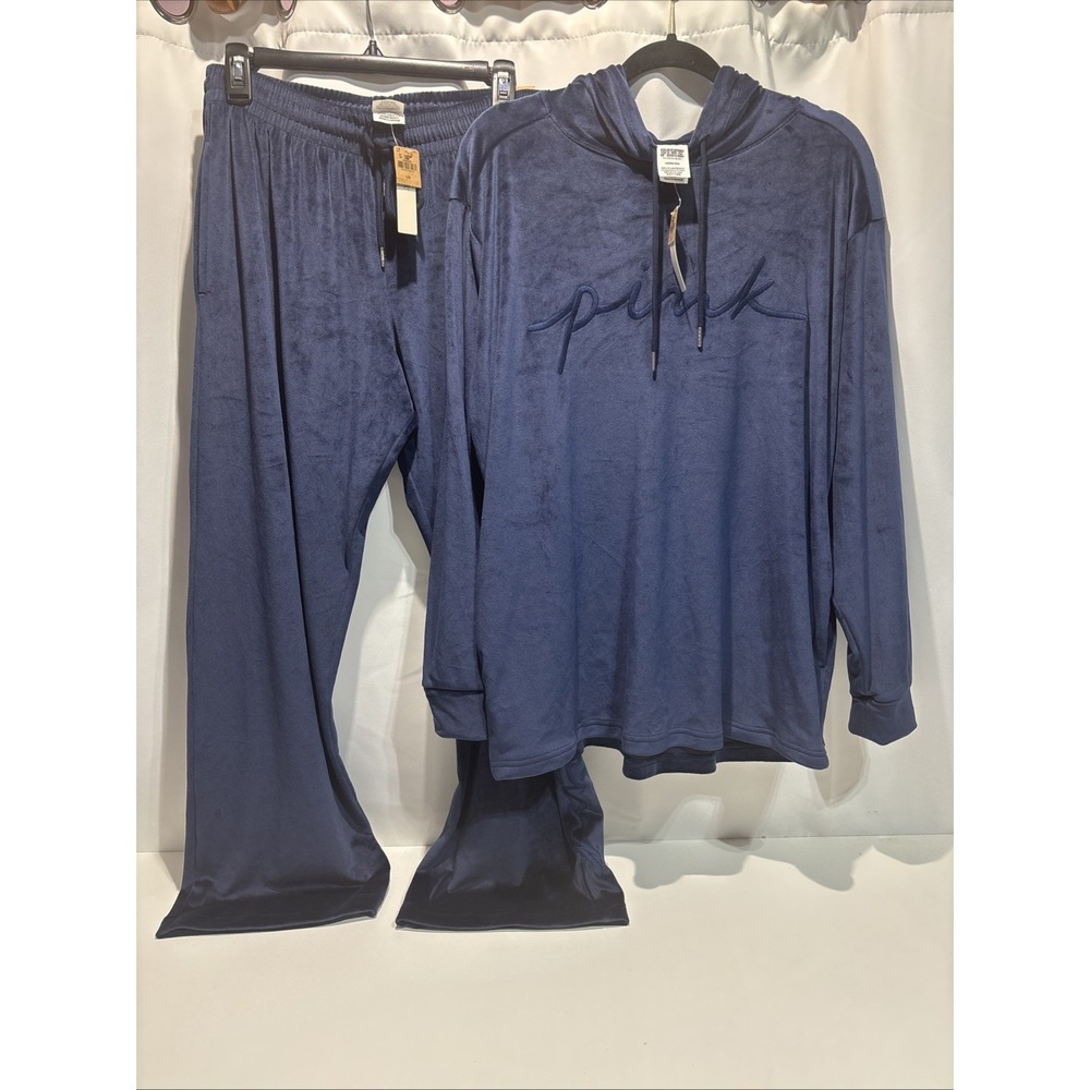 Victoria Secret PINK Navy velour Heritage Hoodie tracksuit Large NWT Embroidered